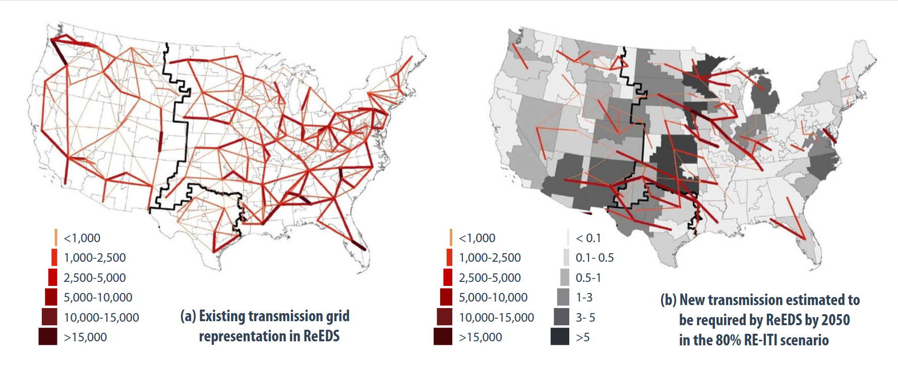 Figure 1 Existing transmission (a) and potential 2050 transmission (b). (ENERGY.GOV)